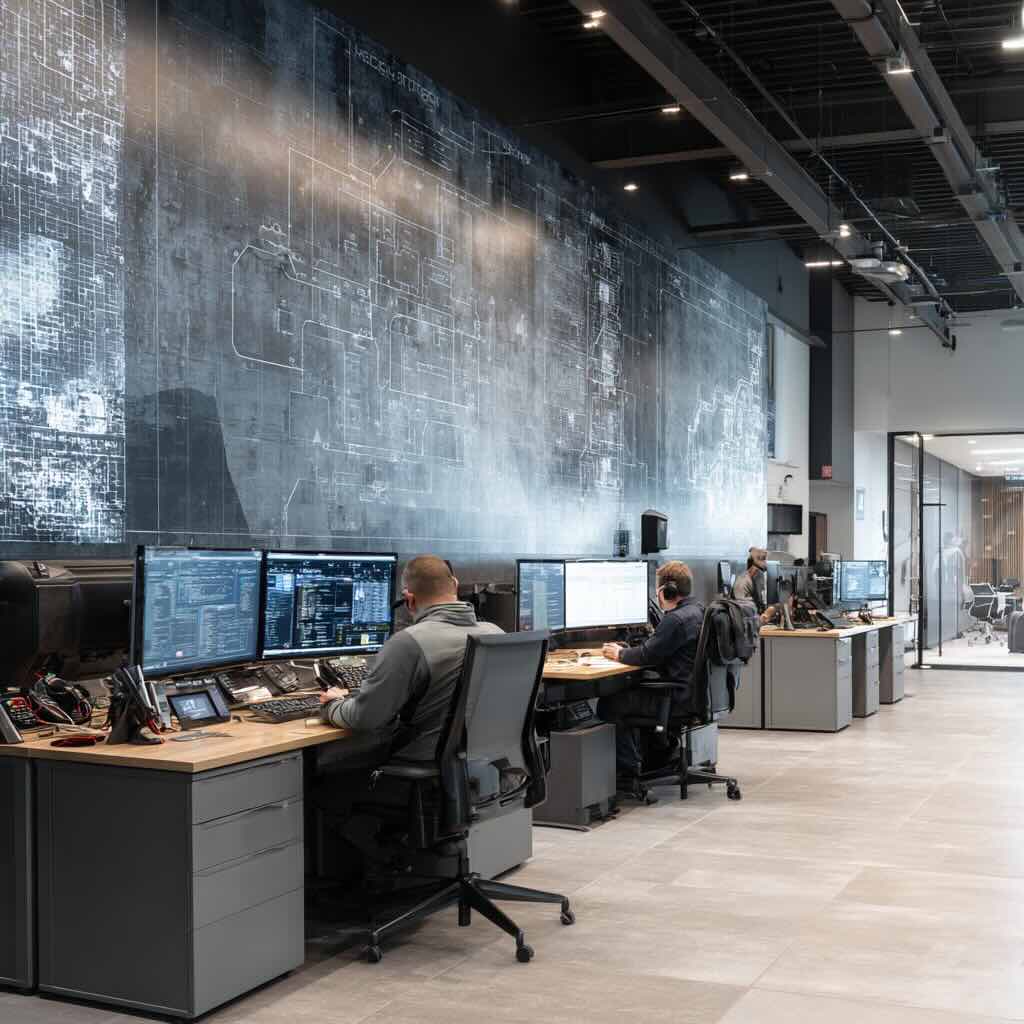 Engineers monitoring technical systems in a defense operations center